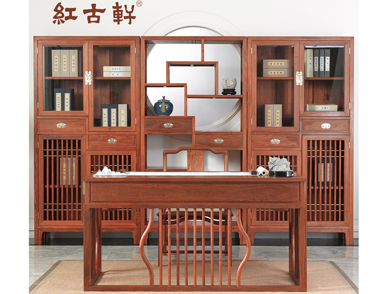 红古轩 新中式非洲花梨木书柜组合 红木书架 全实木中式书柜 带门置物展示柜
