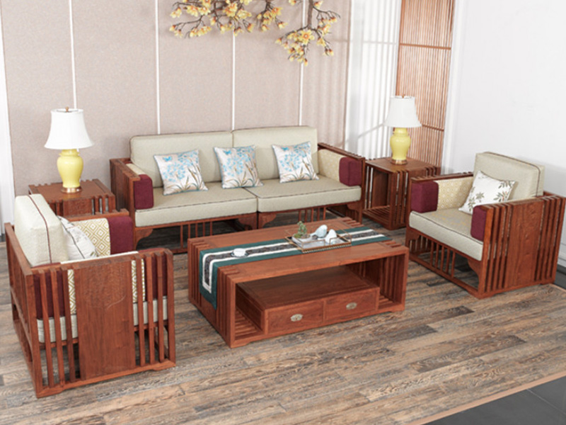 红古轩 新中式红木沙发 实木 非洲花梨木软体坐垫沙发组合 客厅布艺沙发