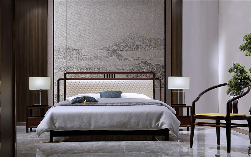 老周家居 上海老周红木 印尼黑酸枝（阔叶黄檀）大床 现代中式红木床 套房系列